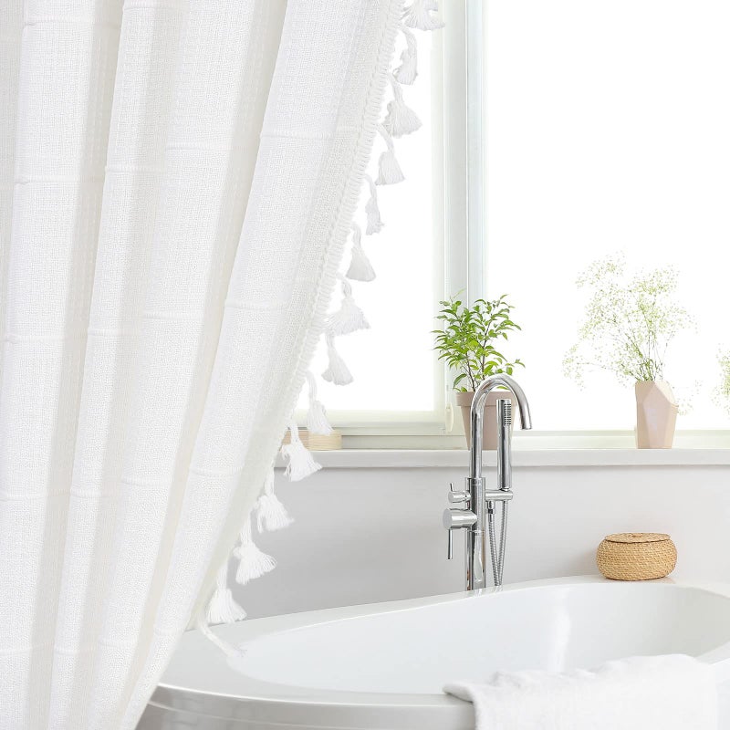 Gibelle White Boho Farmhouse Shower Curtain with Tassels, Rustic Cottagecore Aesthetic Bohemian Chic Modern Bathroom Decor Thick Waffle Textured Fabric Shower Curtain Set with Hooks, 72x72 - Image 4