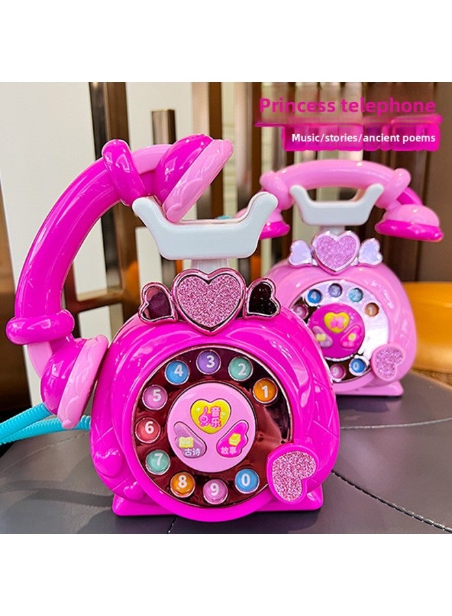Children's Retro Cartoon Landline Early Education Puzzle Story Machine Model Simulation Telephone Light Music Toy Girl-Color:Early Education Telephone (Rose Red) + Charging Set - Image 1