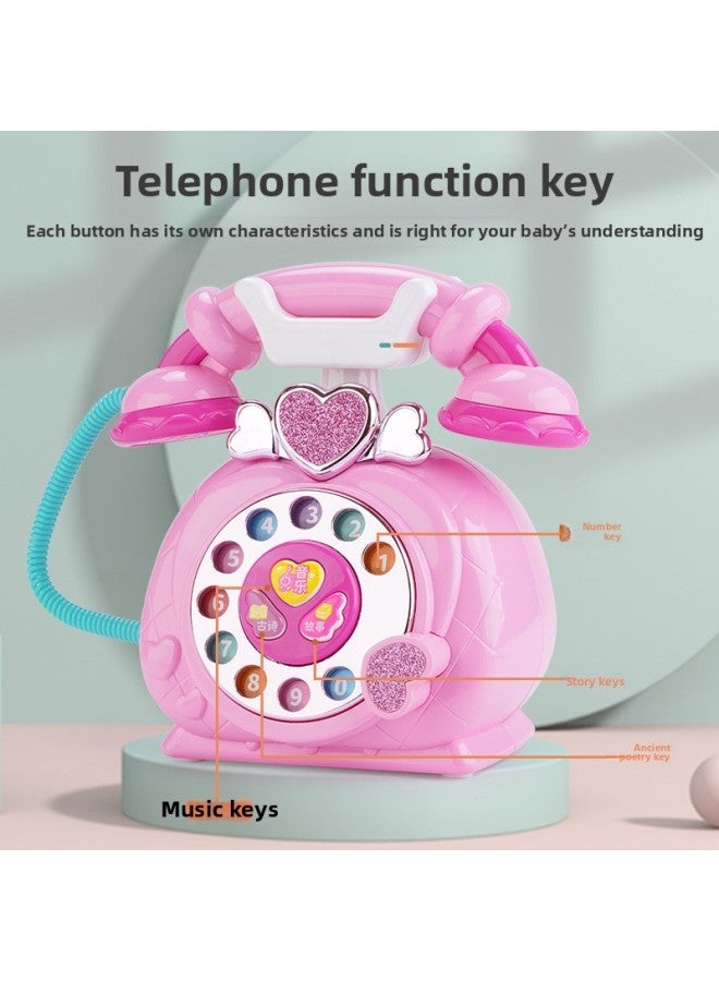 Children's Retro Cartoon Landline Early Education Puzzle Story Machine Model Simulation Telephone Light Music Toy Girl-Color:Early Education Telephone (Rose Red) + Charging Set - Image 4