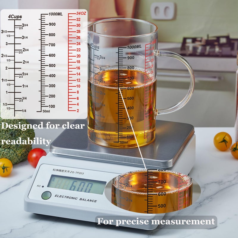 Ackers BORO3.3 Glass Measuring Cup-[Insulated handle | V-Shaped Spout]-Made of High Borosilicate Glass Measuring Cup for Kitchen or Restaurant, Easy to Read, 1000 ML (32 Oz, 4 Cup) - Image 3