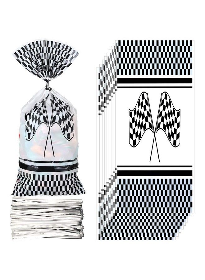BOAO 100 Pieces Checkered Racing Treat Bags Race Car Themed Clear Candy Bags With 200 Pieces Twist Ties For Racing Party Supplies - Image 1