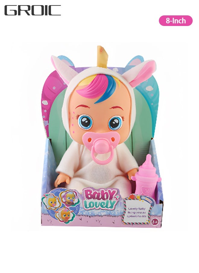 GROIC - 8 Inch Cute Cry Baby Doll Dreamy Interactive Realistic 3D Simulation Baby Doll, Normal, Drink and Cry Little Dolls with 4 Emotions Baby Sounds - Image 1