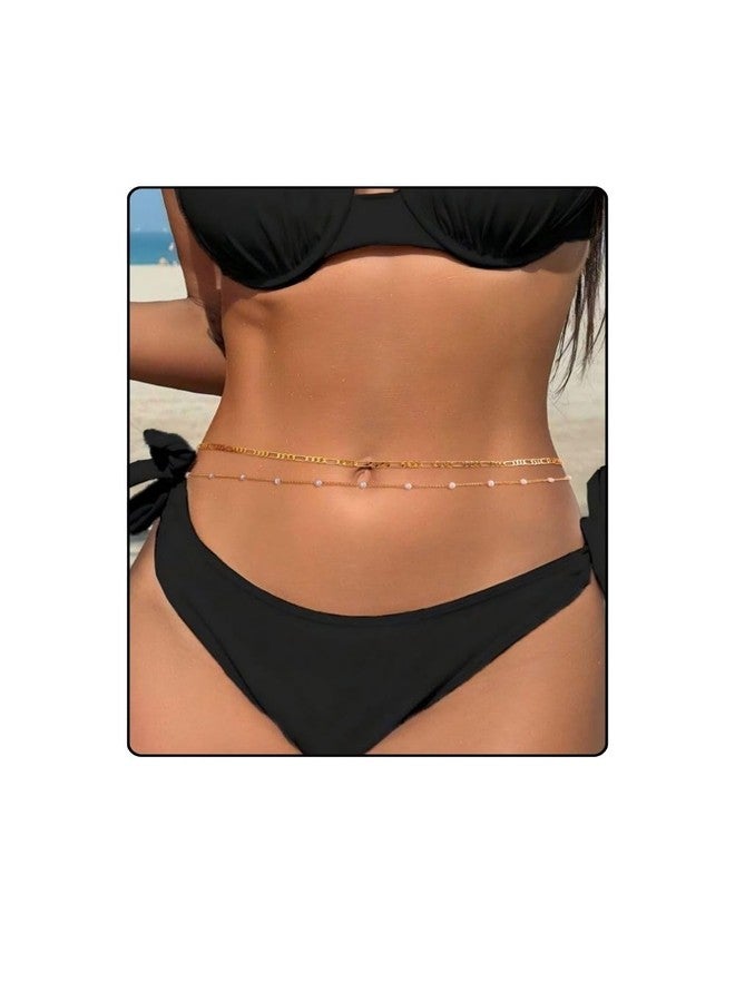 Fabme Women's Waist Chain - Stylish Saree Gold Plated Belly Chain Pearl Embellished - 2 Layer Body Hip Chain for The Waist Ladies Sexy Bikini Jewelry (26-42 in)