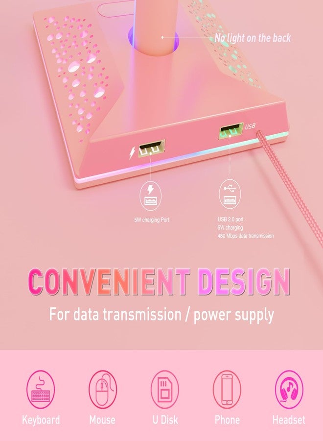 Vcom حامل سماعات الألعاب VCOM RGB مع 2 منفذ USB، حامل سماعات وردي مع 10 أوضاع إضاءة ومطاط غير قابل للانزلاق، مناسب لملحقات مكتب الكمبيوتر هدية للاعبين (وردي) - Image 4