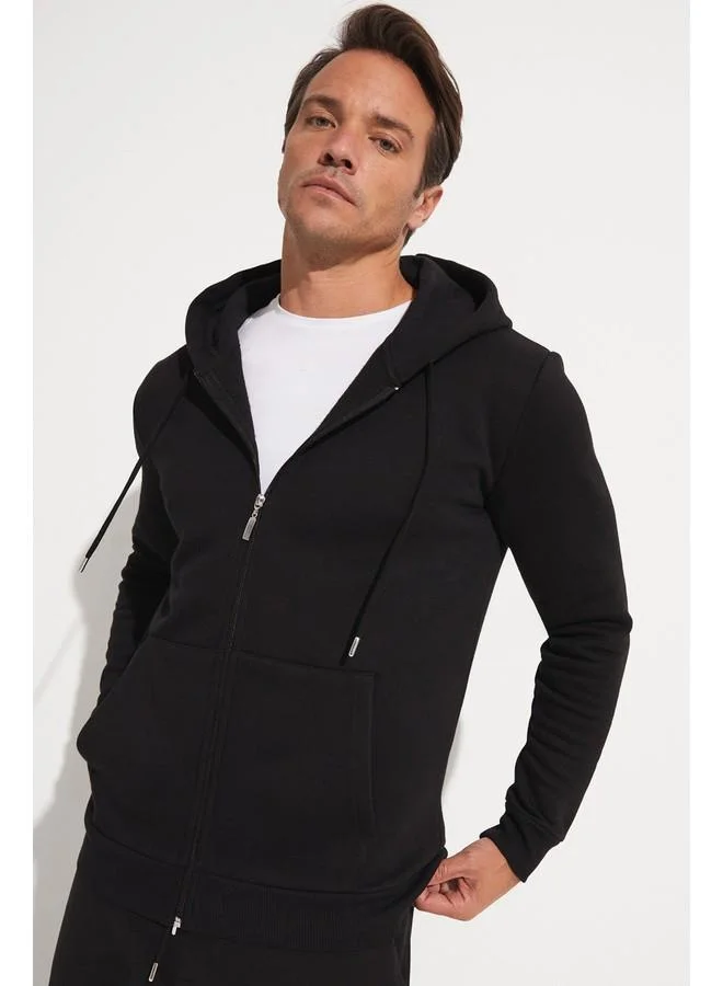 جون June Men Zippered Pocket Drawstring Sweatshirt Black