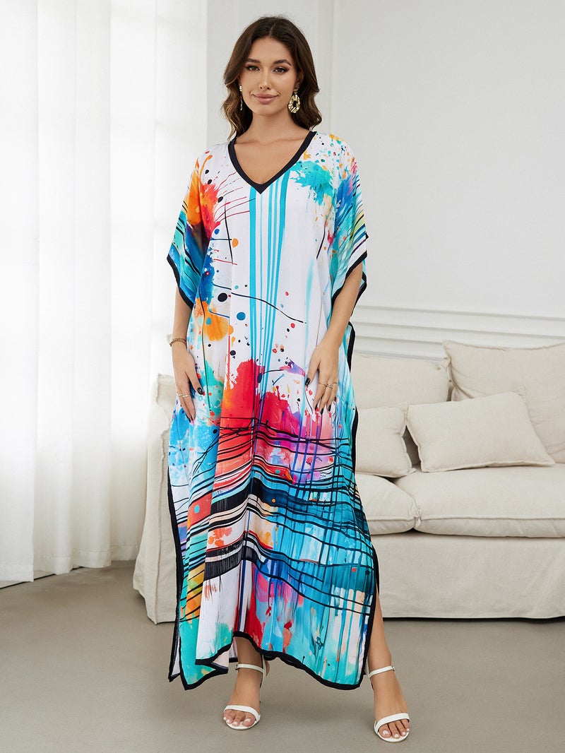 Generic Cross-border European and American rayon tie-dyed beach jumpsuit long dress loose robe bikini swimsuit outer blouse sun protection shirt Zs2277-14 ink