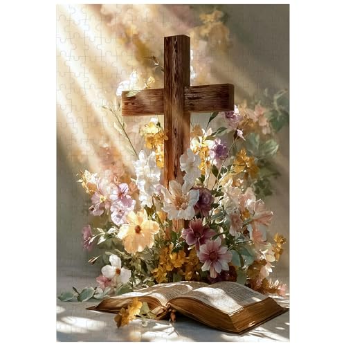 Ulord Great Jigsaw Puzzles for Adults 300 Pieces Religious Cross with Daisy Flowers Puzzles for Adults Toys Gift Family Decoration Kids Puzzle - Image 1
