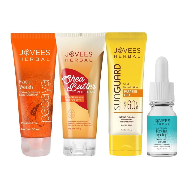 Jovees غسول وجه جوفيز بالأعشاب من البابايا 50 مل  مرطب زبدة الشيا 50 غ  لوشن واقي من الشمس SPF 60 PA 50 مل  سيروم بيو ريتينول ريفيتا لمكافحة الشيخوخة 30 مل مجموعة من 4 - Image 1