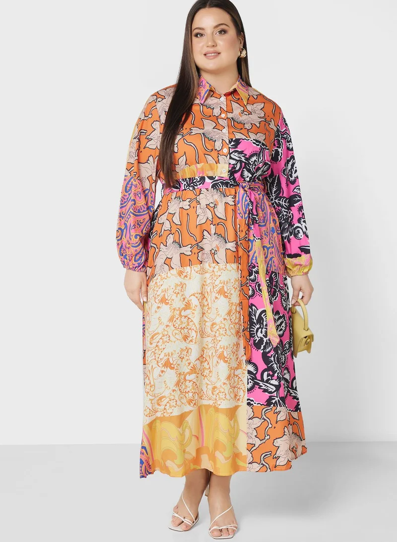 Ginger Plus Print Colourblock Detail Dress