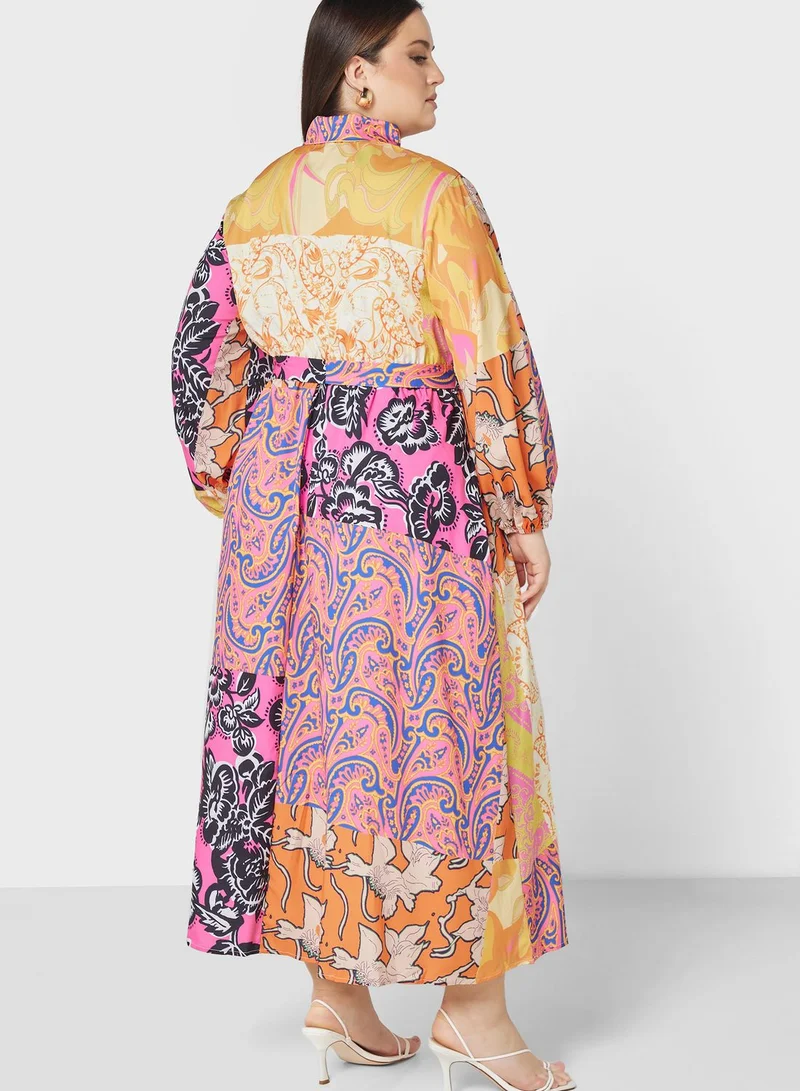 Ginger Plus Print Colourblock Detail Dress