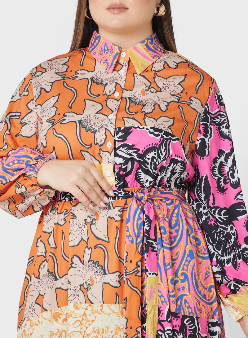 Ginger Plus Print Colourblock Detail Dress