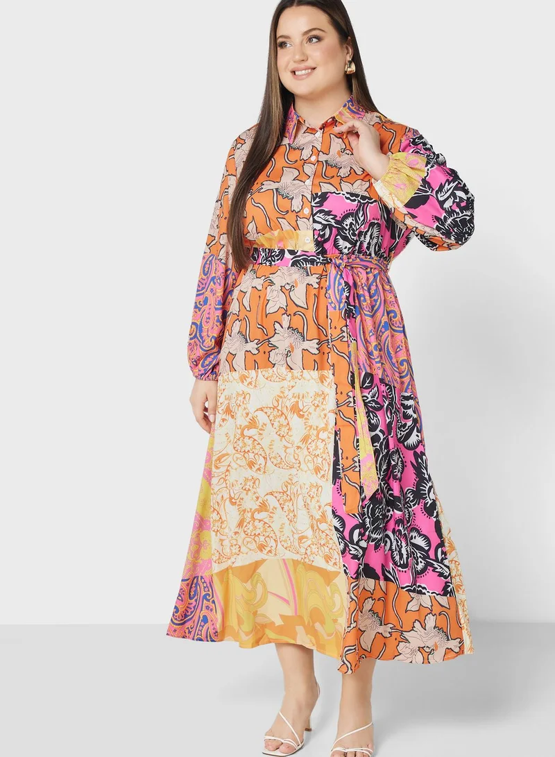 Ginger Plus Print Colourblock Detail Dress