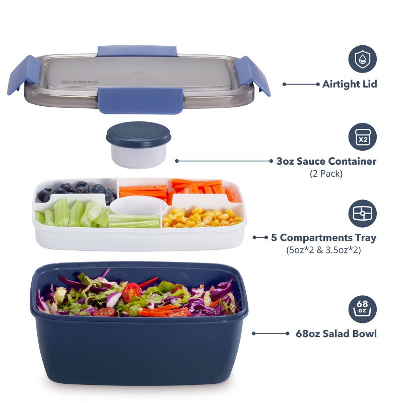 Caperci Large Salad Container Bowl for Lunch - Better Adult Bento Lunch Box 68 oz, 5-Compartment Tray, 2pcs 3-oz Sauce Cups, Stackable, BPA-Free (Navy) - Image 4