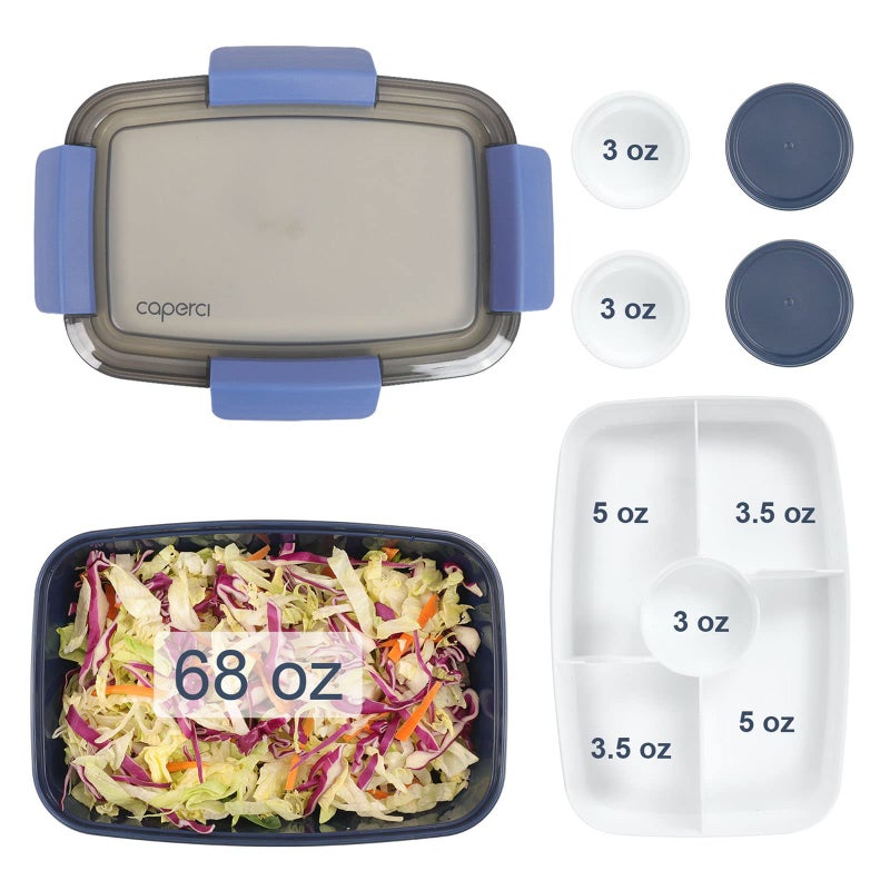 Caperci Large Salad Container Bowl for Lunch - Better Adult Bento Lunch Box 68 oz, 5-Compartment Tray, 2pcs 3-oz Sauce Cups, Stackable, BPA-Free (Navy) - Image 5