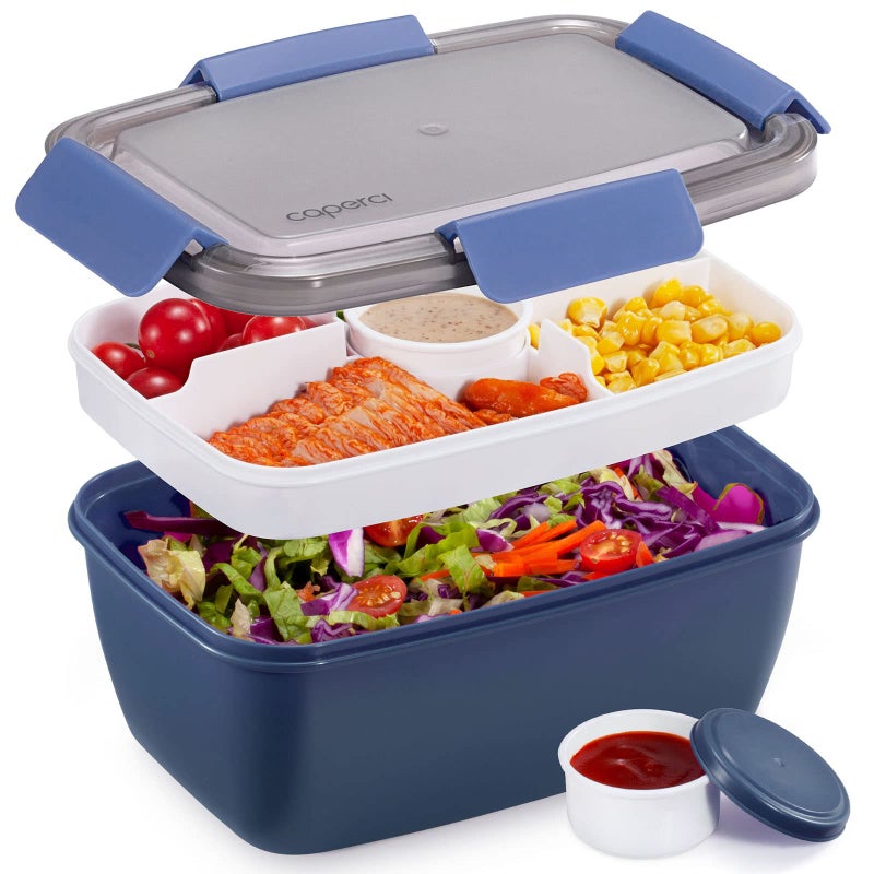 Caperci Large Salad Container Bowl for Lunch - Better Adult Bento Lunch Box 68 oz, 5-Compartment Tray, 2pcs 3-oz Sauce Cups, Stackable, BPA-Free (Navy) - Image 1