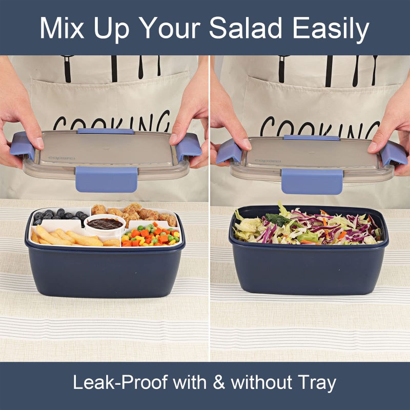 Caperci Large Salad Container Bowl for Lunch - Better Adult Bento Lunch Box 68 oz, 5-Compartment Tray, 2pcs 3-oz Sauce Cups, Stackable, BPA-Free (Navy) - Image 2