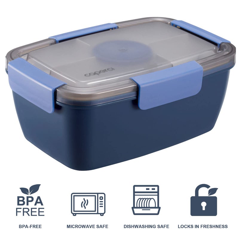 Caperci Large Salad Container Bowl for Lunch - Better Adult Bento Lunch Box 68 oz, 5-Compartment Tray, 2pcs 3-oz Sauce Cups, Stackable, BPA-Free (Navy) - Image 3