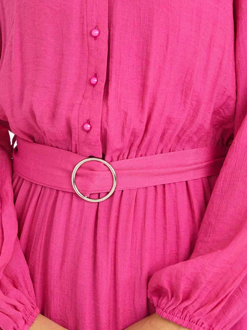 Styli Long Sleeves Solid Tiered Maxi Dress with Belt