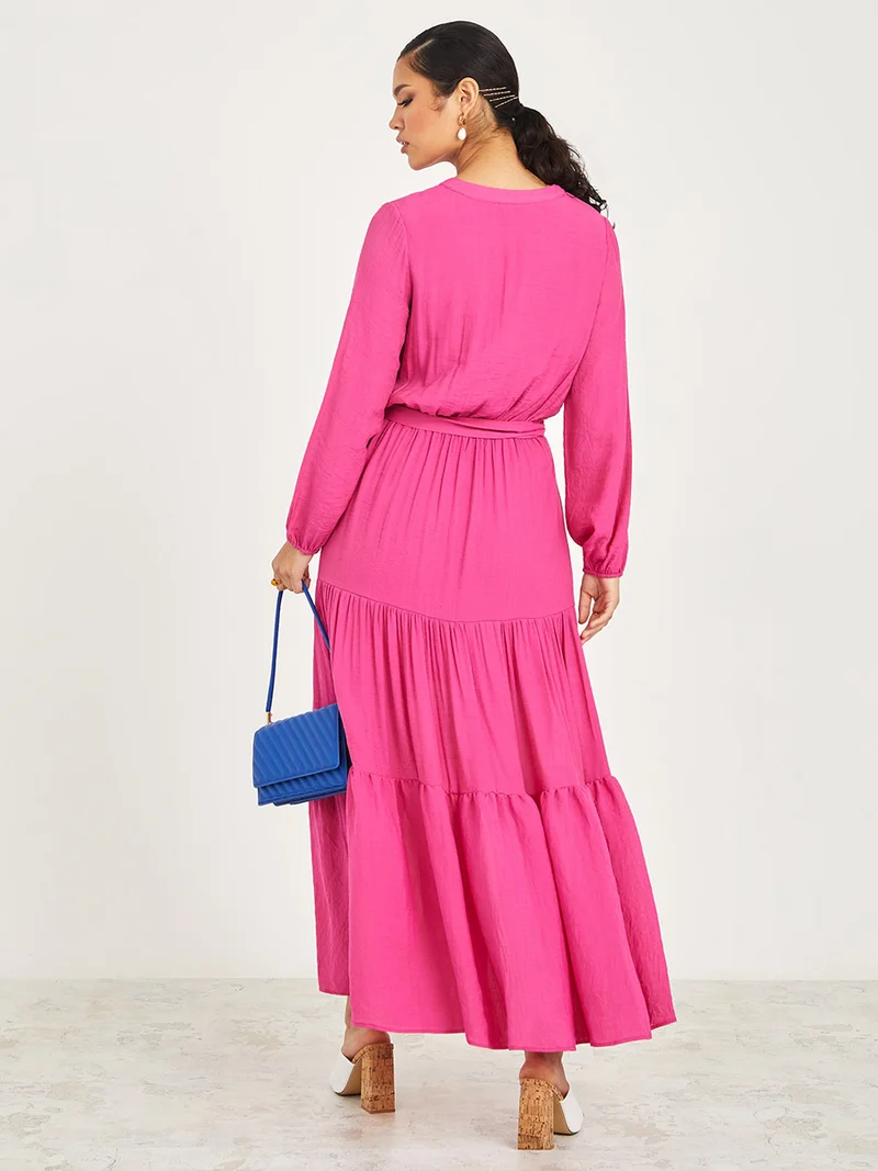 Styli Long Sleeves Solid Tiered Maxi Dress with Belt