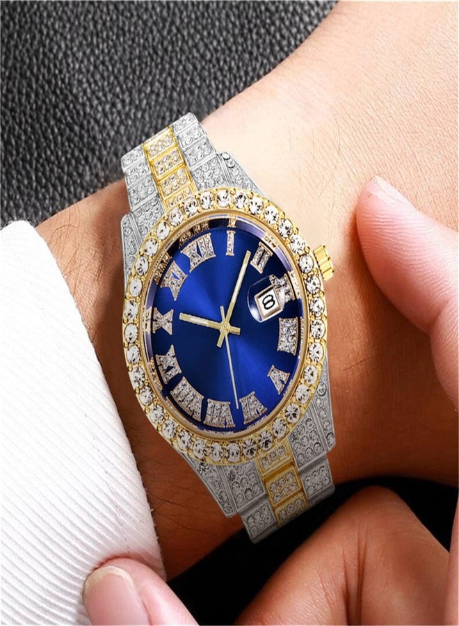CdyBox Men Hip Hop Watch with Roman Scale Calendar Crystal Rhinestone Watches Stainless Steel Iced-Out Wrist Watch (Blue) - Image 2