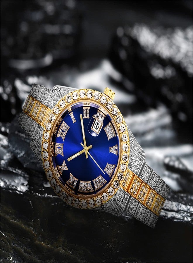 CdyBox Men Hip Hop Watch with Roman Scale Calendar Crystal Rhinestone Watches Stainless Steel Iced-Out Wrist Watch (Blue) - Image 3