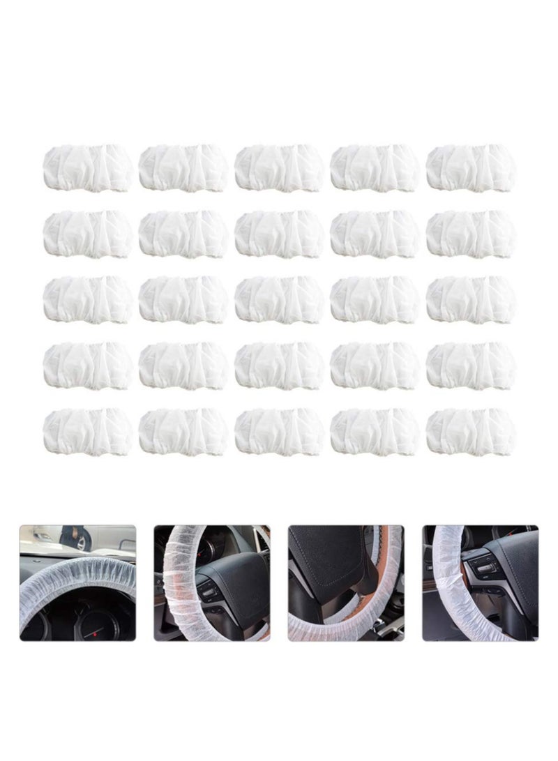 100 Pcs Disposable Plastic White Opaque Steering Wheel Cover Elastic Pull Handle Steering Wheel Protective Covers Universal for Cars Trucks - Image 1