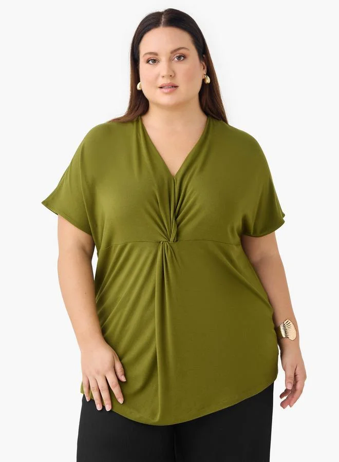 Ulla Popken Plus Size Ulla Popken Knot Detail V-neck Top