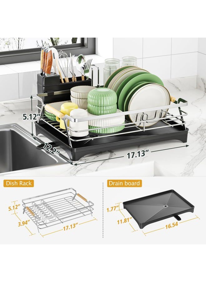 Epicano Dish Drying Rack for Kitchen Counter,Space-Saving Dish Rack,Rustproof Dish Drainer with Utensil Holder and Knife Slots for Sink,Kitchen Drying Rack with Wooden Handle and Cup Holder, Silver - Image 5