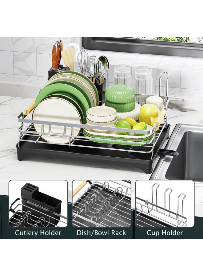 Epicano Dish Drying Rack for Kitchen Counter,Space-Saving Dish Rack,Rustproof Dish Drainer with Utensil Holder and Knife Slots for Sink,Kitchen Drying Rack with Wooden Handle and Cup Holder, Silver - Image 3