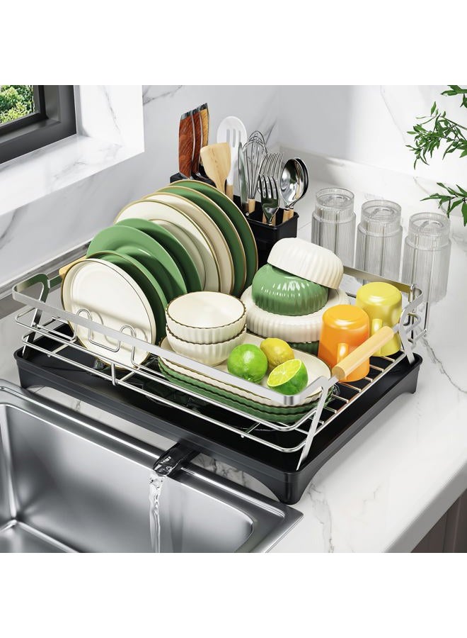 Epicano Dish Drying Rack for Kitchen Counter,Space-Saving Dish Rack,Rustproof Dish Drainer with Utensil Holder and Knife Slots for Sink,Kitchen Drying Rack with Wooden Handle and Cup Holder, Silver - Image 1