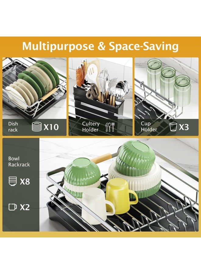 Epicano Dish Drying Rack for Kitchen Counter,Space-Saving Dish Rack,Rustproof Dish Drainer with Utensil Holder and Knife Slots for Sink,Kitchen Drying Rack with Wooden Handle and Cup Holder, Silver - Image 2