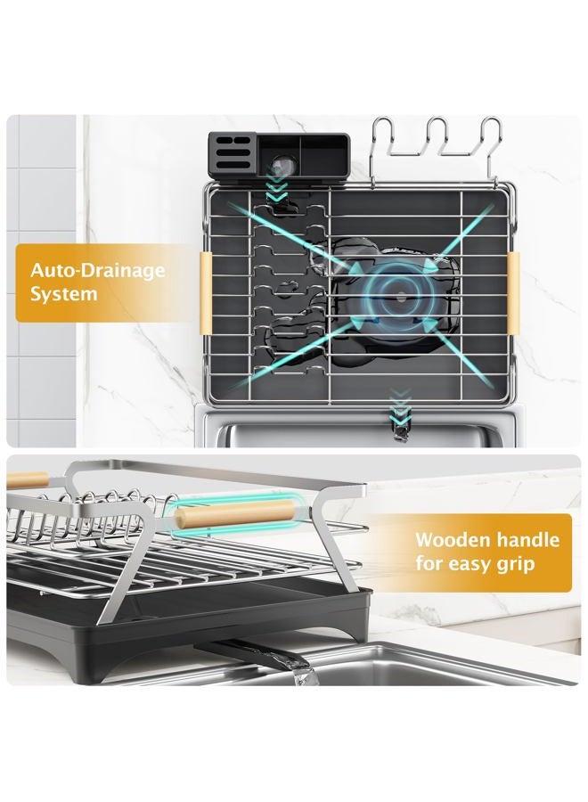 Epicano Dish Drying Rack for Kitchen Counter,Space-Saving Dish Rack,Rustproof Dish Drainer with Utensil Holder and Knife Slots for Sink,Kitchen Drying Rack with Wooden Handle and Cup Holder, Silver - Image 4