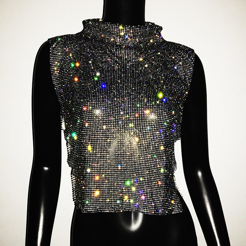 النساء عبر الحدود عصرية عالية الرقبة سترة أعلى مع Rhinestones والتفاصيل المعدنية، أسلوب قصير بلا أكمام، أزياء الشارع - Image 1