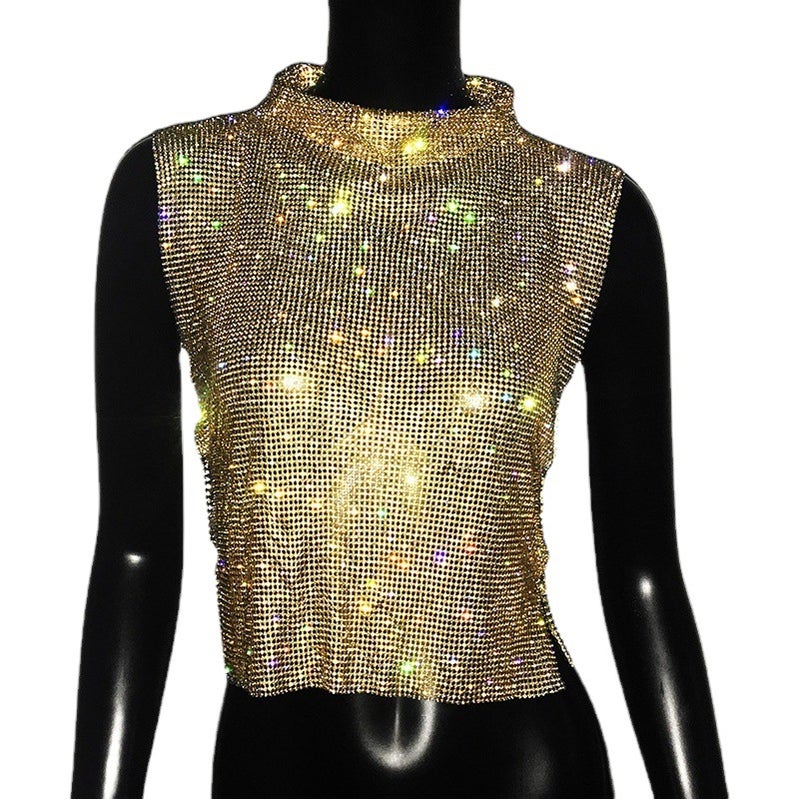 النساء عبر الحدود عصرية عالية الرقبة سترة أعلى مع Rhinestones والتفاصيل المعدنية، أسلوب قصير بلا أكمام، أزياء الشارع - Image 2
