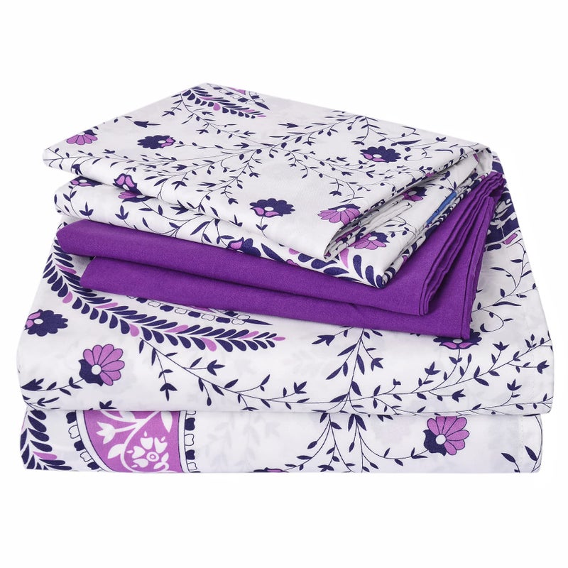 JSD 6 Piece Purple Paisley Sheet Set Queen Size Soft Printed Microfiber Sheets with 4 Pillowcases Deep Pocket