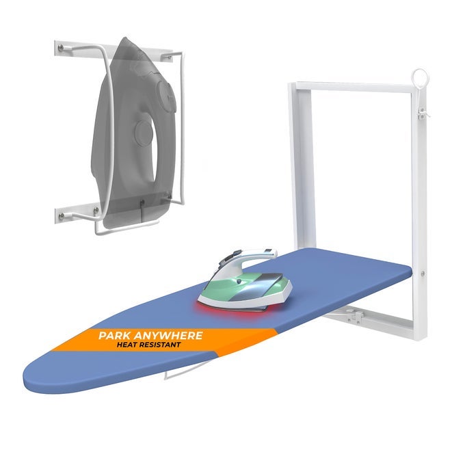 WALL MOUNTED IRONING BOARD WITH IRON HOLDER 362 X 122 COMPACT MOUNT FOLD DOWN IRON BOARD FOR SMALL SPACES SPACE SAVING WITH COTTON FABRIC COVER WHITE AND BLUE