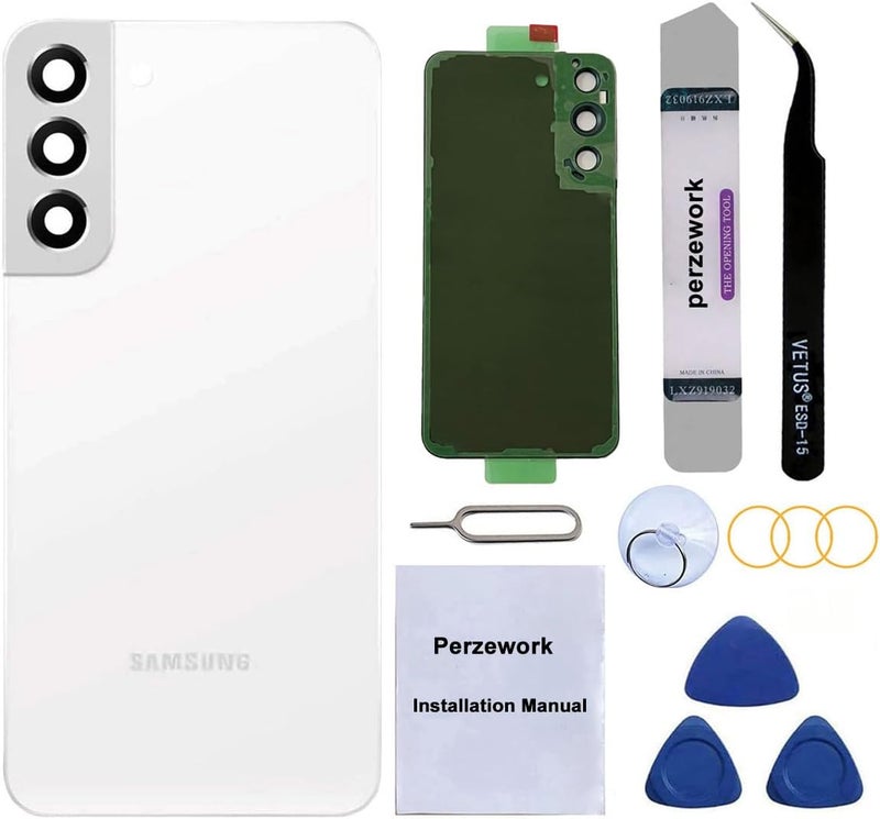 Perzework Rear Back Glass Replacement for Samsung Galaxy S22 Plus 6.6 inches with Reparing Toolkit and Pre-Installed Adhesive (Phantom White) - Image 1