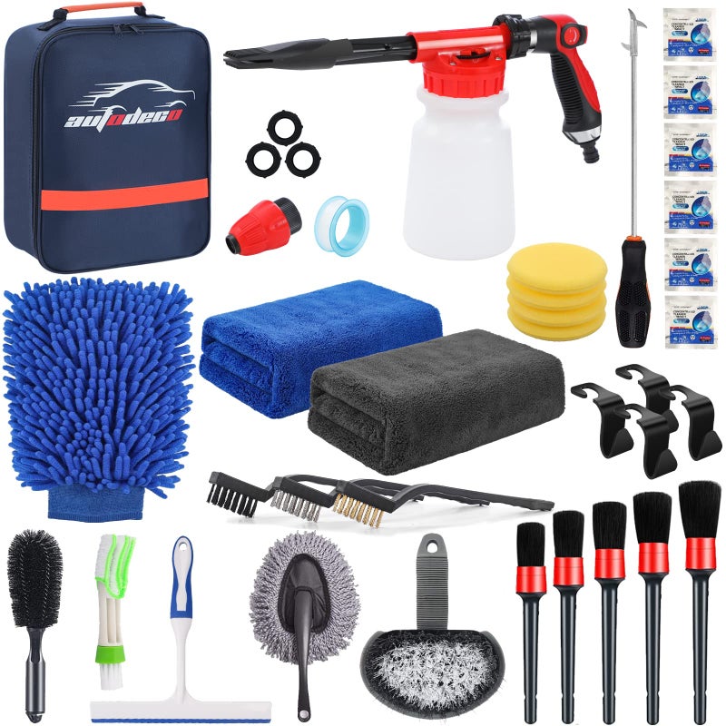 AUTODECO 33Pcs Car Wash Detailing Kit Cleaning Kits with Foam Gun Sprayer Brush Large Wash Mitt Towels Complete Interior Exterior Car Washing Supply Set Blue - Image 1