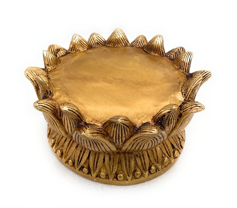 Bhunes Brass Lotus Shaped Peetham | Handcrafted Chowki Kamal Bajot Aasan | Poja Stand for Idols Deity Kalash Singhasan | Temple Home Decor Spiritual Sculpture 3 Inch, 1 Piece - Image 4
