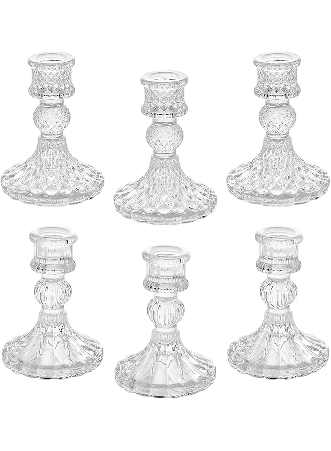 The Bros Clear Glass Candlestick Holders,6 pcs Set Include Taper Candle Holders and Stripe Candle Holders,Two Style for Formal Events, Wedding, Festival,Church, Party & Festival Decoration - Image 1