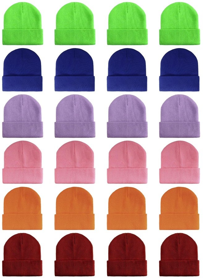 LYDTICK 24 Pack Kids Knit Beanies Bulk, Toddler Winter Hat Wholesale Warm Cuffed Caps for Boys Girls, Bright Color - Image 1