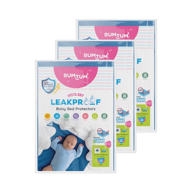 Bumtum Baby Dry Sheet Waterproof Soft Fleece Baby Bed Protector Anti Bacterial Odour Free Extra Absorbant Reuseable Washable Aqua Blue Large Size 100 140cm Pack of 3 - Image 1