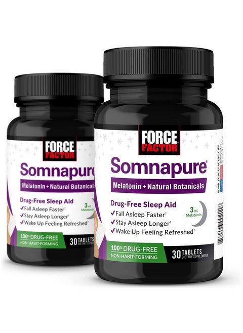 Force Factor Somnapure, 2-Pack, Drug-Free Sleep Aid for Adults with Melatonin, Valerian Root, and Lemon Balm, Non-Habit-Forming Sleeping Pills, Fall Asleep Faster, Wake Up Refreshed, 60 Tablets