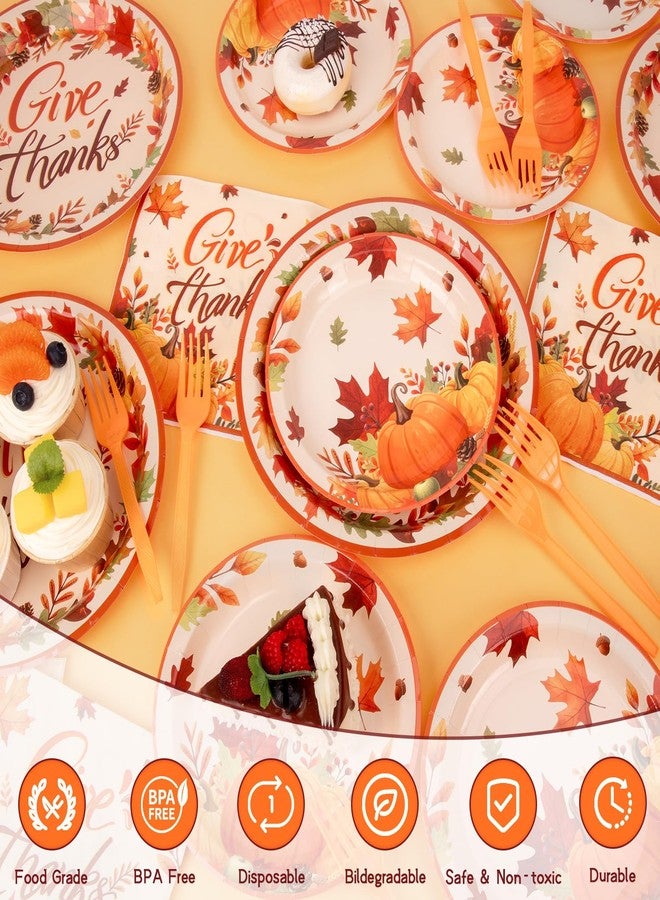 REDWORD Thanksgiving Plates, 98PCs Give Thanks Plates Serves 24 with Napkins Tablecloth and Give Thanks Banner Forks for Fall Autumn Thanksgiving Party Decorations - Image 3