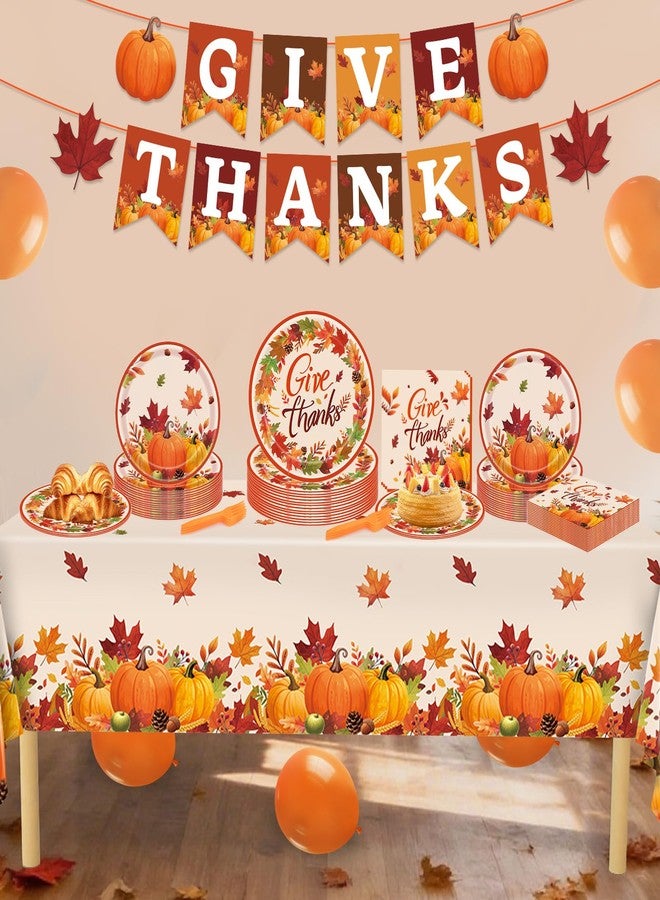 REDWORD Thanksgiving Plates, 98PCs Give Thanks Plates Serves 24 with Napkins Tablecloth and Give Thanks Banner Forks for Fall Autumn Thanksgiving Party Decorations - Image 4