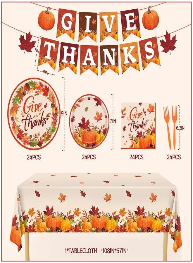 REDWORD Thanksgiving Plates, 98PCs Give Thanks Plates Serves 24 with Napkins Tablecloth and Give Thanks Banner Forks for Fall Autumn Thanksgiving Party Decorations - Image 2