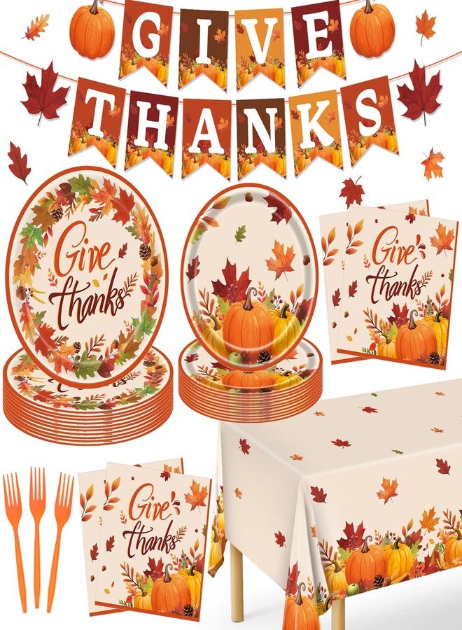 REDWORD Thanksgiving Plates, 98PCs Give Thanks Plates Serves 24 with Napkins Tablecloth and Give Thanks Banner Forks for Fall Autumn Thanksgiving Party Decorations - Image 1