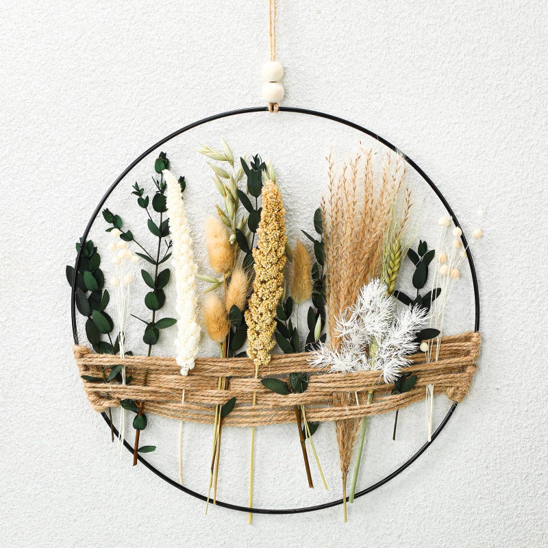 Yuntau 1181 inch Boho Hoop with Dried Flower Wall Hanging Decoration Floral Hoop Wreaths Rustic Farmhouse Metal Ring with Jute Cord Blooms Metal Floral Garland for Window Door Home Room Wedding Decor - Image 2
