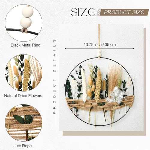 Yuntau 1181 inch Boho Hoop with Dried Flower Wall Hanging Decoration Floral Hoop Wreaths Rustic Farmhouse Metal Ring with Jute Cord Blooms Metal Floral Garland for Window Door Home Room Wedding Decor - Image 3