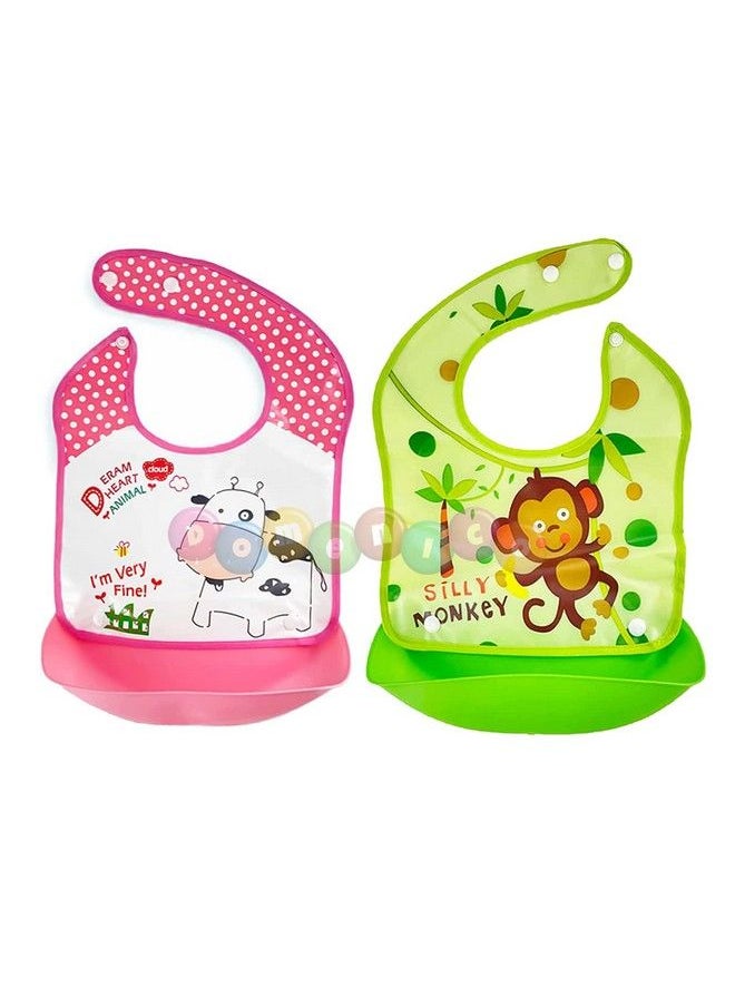 DOMENICO Baby Silicon Bib Apron For Feeding Infants And Toddlers With Detachable Food Catcher Waterproof (Random Colours And Prints) (Pack Of 2)  - Image 4